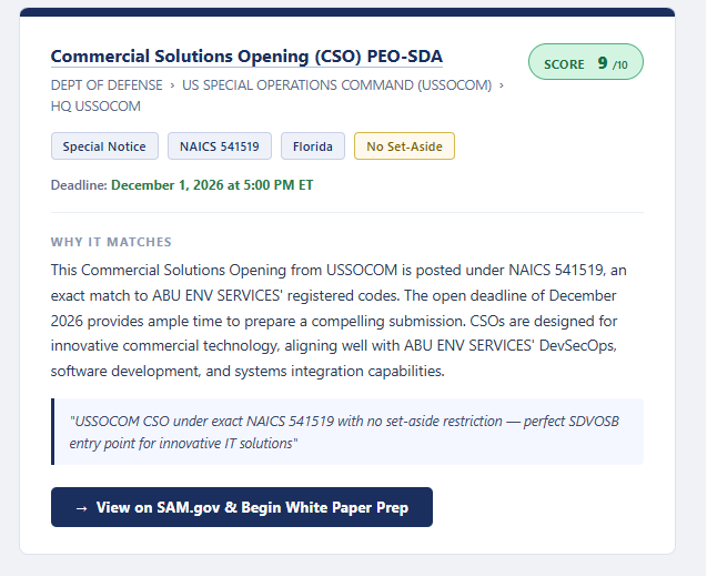 Matched federal contract opportunity, scored 9 out of 10